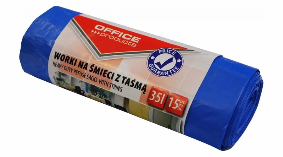 Kancelářské produkty Pytle na odpadky s páskou KANCELÁŘSKÉ PRODUKTY, prémiové (LDHD), 35L, 15 ks, modré