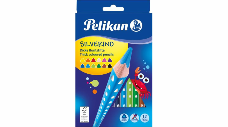 Pastelky Pelikan Silverino, trojúhelníkové, silné, 12 barev