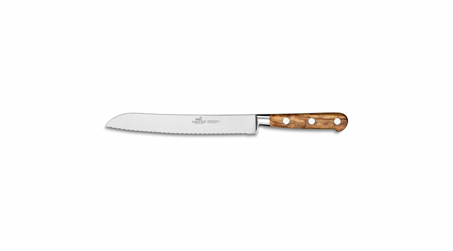 Kuchyňský nůž Lion Sabatier, 813385 Idéal Provencao, nůž na chléb, čepel 20 cm z nerezové oceli, rukojeť z olivového dřeva, plně kovaný, nerez nýty