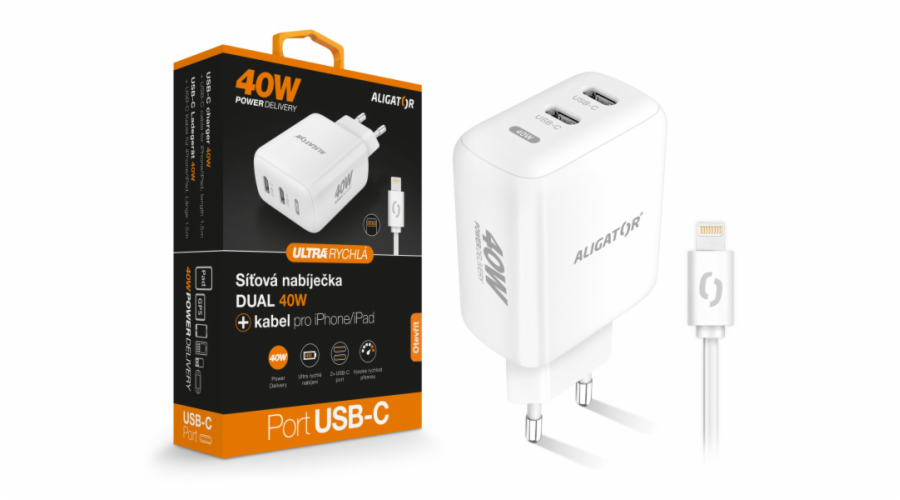 Chytrá síťová nabíječka ALIGATOR Power Delivery 40W, 2xUSB-C, USB-C kabel pro iPhone/iPad, bílá