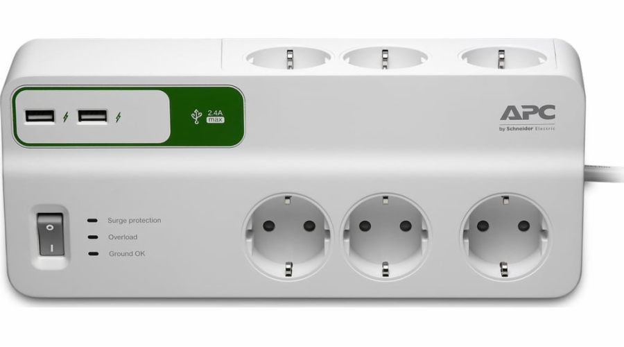 PM6U-GR Essential SurgeArrest přepěťová ochrana 6 zásuvek 5V, 2,4A 2 USB porty, 230V Německo