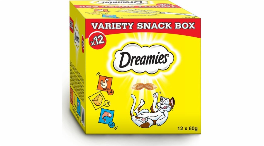 Dreamies DREAMIES Variety Snack Box doplňkové krmivo pro kočky (s příchutí kuřecího masa, sýra a lososa) - 720 g