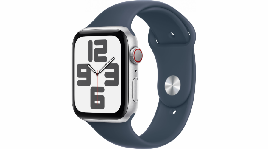 Apple Watch SE GPS + mobilní chytré hodinky, 44mm stříbrné hliníkové pouzdro s bouřkově modrým sportovním páskem - S/M