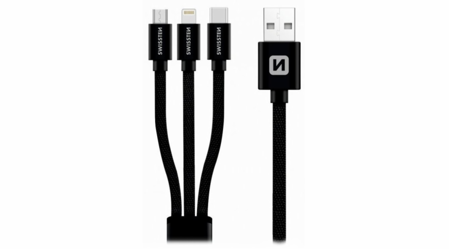 Swissten Datový kabel 3in1 MFi, 1,2 m, textilní, (micro USB, USB-C, Lightning) černý