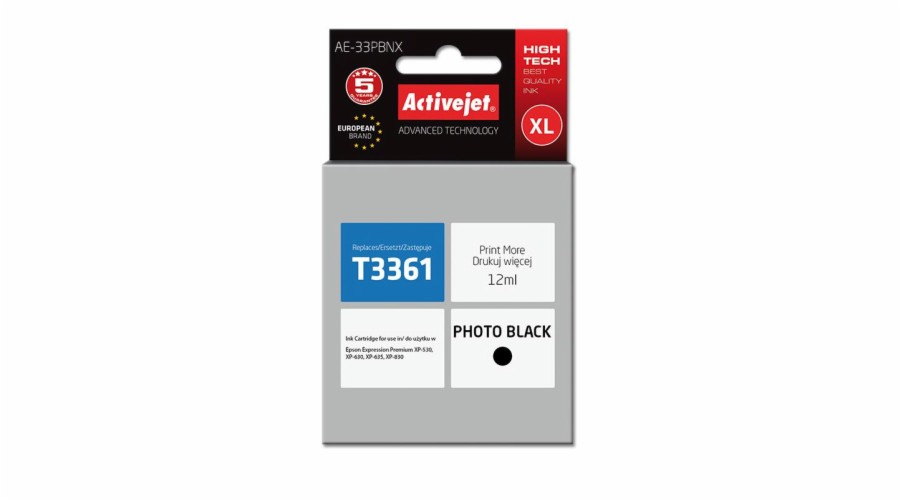 Activejet AE-33PBNX Ink (replacement for Epson 33XL T3361; Supreme; 12 ml; photo black)