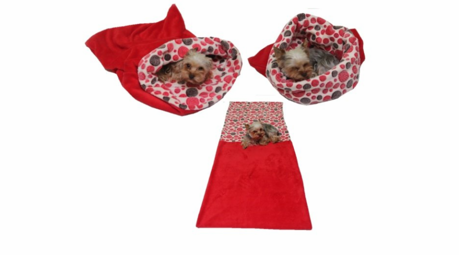 Marysa pelíšek 3v1 pro psy, červený/červená kolečka, velikost XL