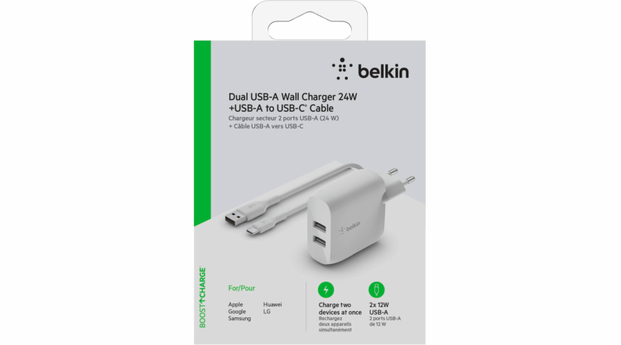 Belkin Dual USB-A nabijecka, 24W vc. USB-C kabel 1m, bila