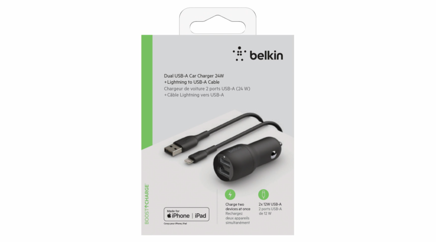 Belkin USB-A autonabijecka, 24W 1m Lightning-Kabel CCD001bt1MBK
