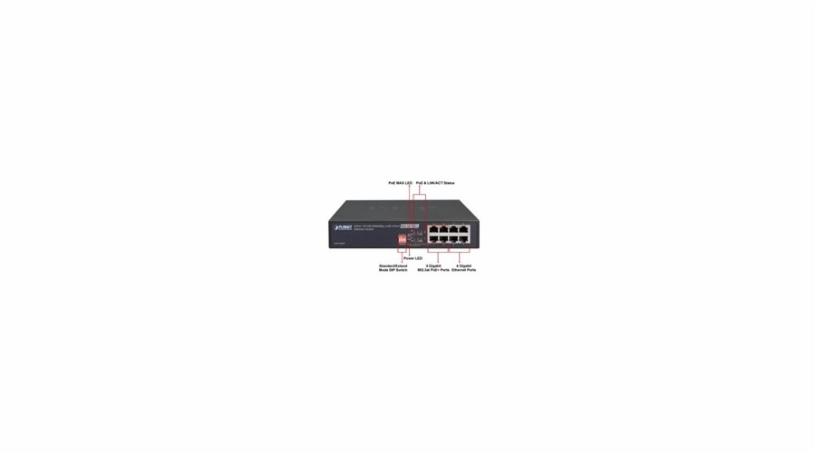 Planet GSD-804Pv2 PoE switch 8x1000B-T, 4x PoE IEEE 802.3at do 60W, extend mód 10Mb, fanless