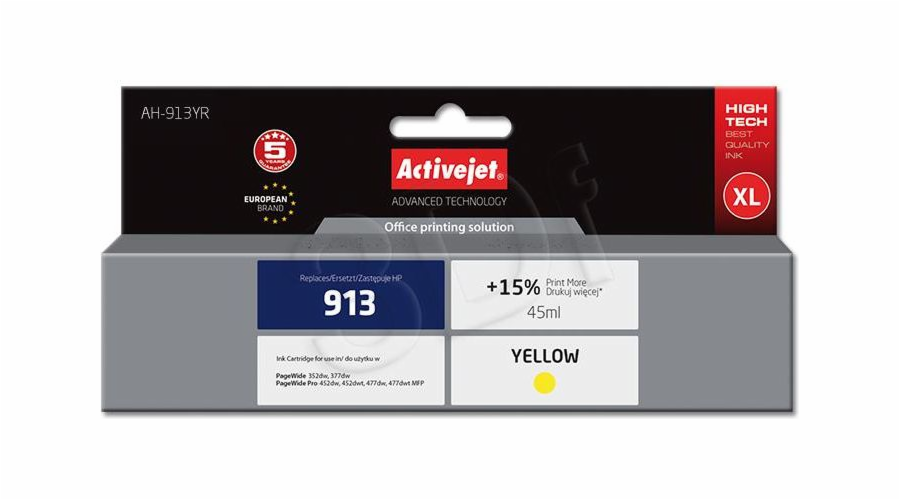 Activejet Ink Cartridge AH-913YR for HP Printer Compatible with HP 913 F6T79AE; Premium; 45 ml; yellow. Prints 15% more.