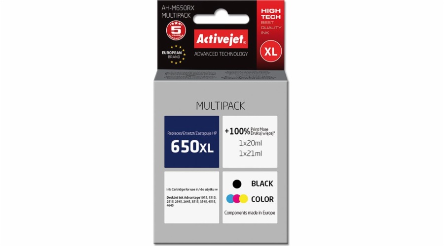 Activejet AH-650RX ink (replacement for HP 650 CZ102AE; Premium; 1 x 20 ml 1 x 21 ml; black color)