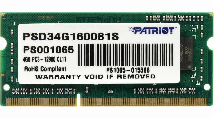 Paměť pro notebook Patriot Signature, SODIMM, DDR3, 4 GB, 1600 MHz, CL11 (PSD34G160081S)