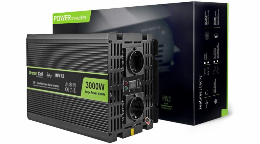 Invertor do auta Green Cell 12V až 220V, 3000W / 6000W (INV12)