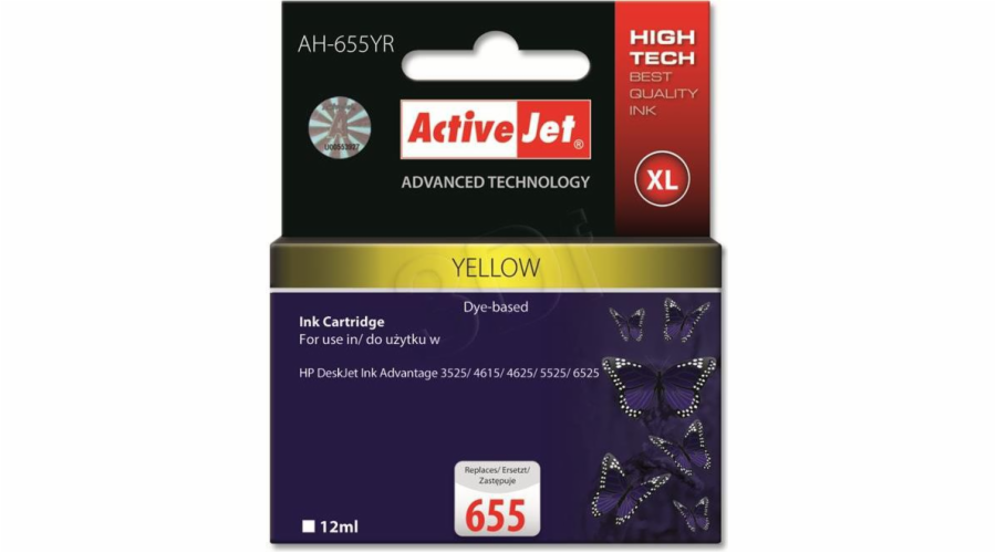 Activejet AH-655YR ink for HP printer; HP 655 CZ112AE replacement; Premium; 12 ml; yellow