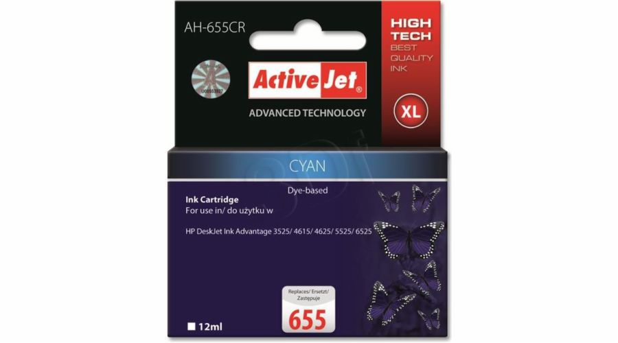 Activejet AH-655CR ink for HP printer; HP 655 CZ110AE replacement; Premium; 12 ml; cyan