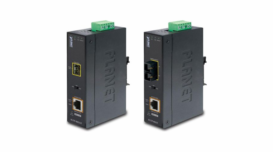 Planet IGTP-805AT Průmyslový konvertor 1x1Gb RJ45 / 1xSFP, PoE 802.3at, -40až75st, IP30, EFT+ESD, 12-48VDC, fanless