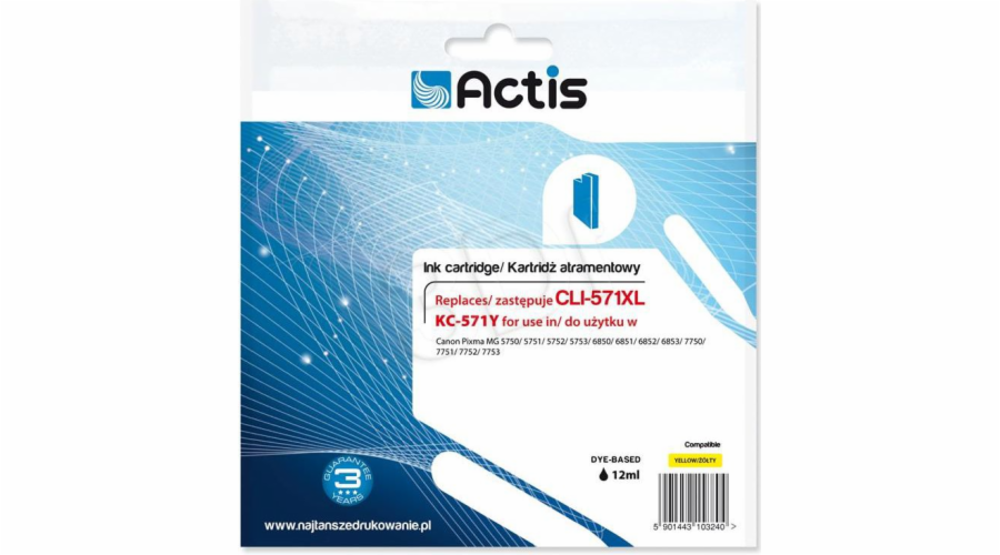 Actis KC-571Y ink for Canon printer; Canon CLI-571Y replacement; Standard; 12 ml; yellow