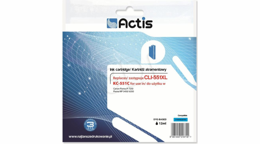 Actis KC-551C ink for Canon printer; Canon CLI-551C replacement; Standard; 12 ml; cyan (with chip)