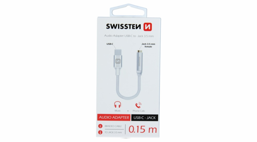 Swissten Audio Adaptér Textile Usb-C/Jack (Samice) 0,15 M Stříbrný