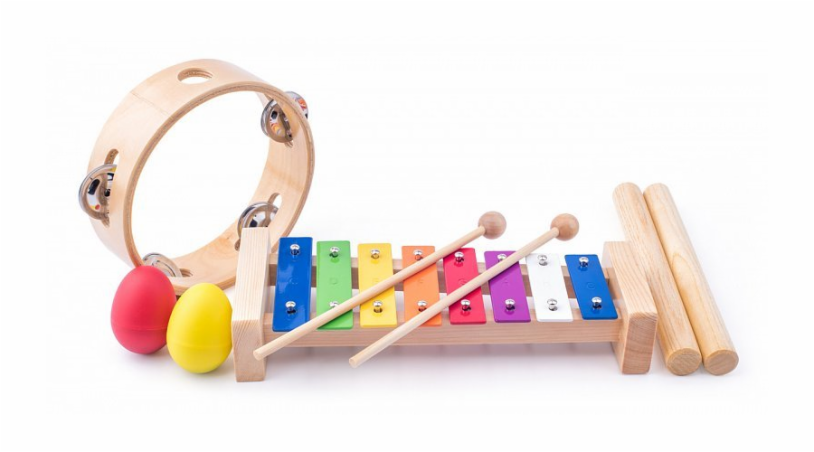 Hračka Woody Muzikální set (xylofon, tamburína, dřívka, 2 maracas vajíčka)