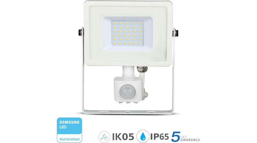 Floodlight V-TAC LED projektor 30W 2400lm 4000K SAMSUNG dioda s PIR pohybovým senzorem Bílá IP65 458