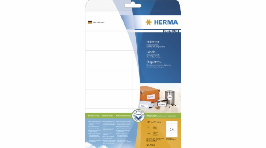 Herma Labels Premium 5057, A4, bílá, 105 x 42,3 mm, matný papír, 350 ks (5057)