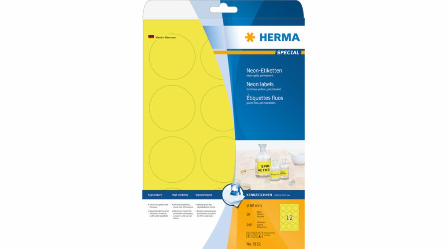 Herma Color etikety 5152, A4, kulaté, 60 mm, matné zářivě žluté, 240 ks (5152)