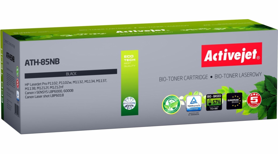 BIO Activejet ATH-85NB toner for HP Canon printers Replacement HP 85A CE285A Canon CRG-725; Supreme; 2000 pages; black. ECO Toner.
