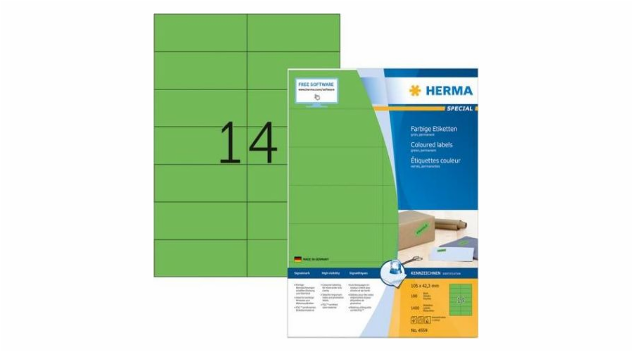 Herma Color etikety A4, 105 x 42,3 mm, zelené, permanentní lepidlo - 4559