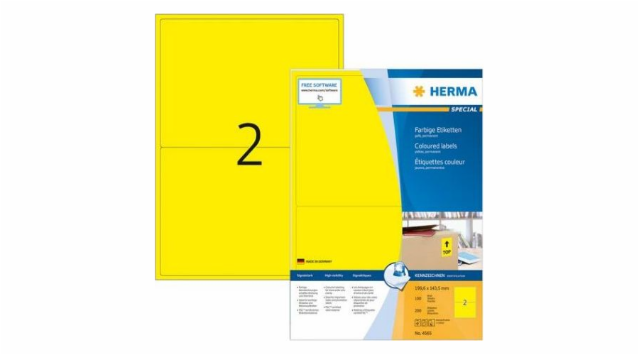 Barevné etikety Herma A4, 199,6 x 143,5 mm, žluté, permanentní lepidlo - 4565