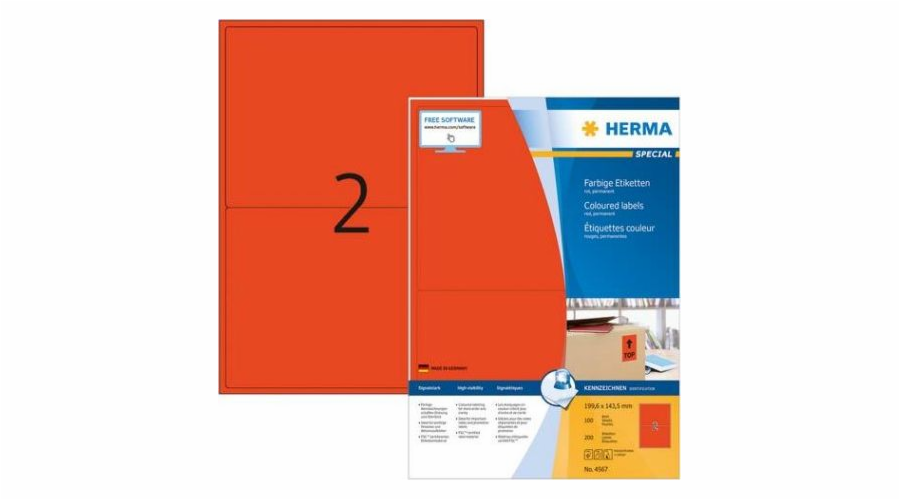 Barevné etikety Herma A4, 199,6 x 143,5 mm, červené, permanentní lepidlo - 4567