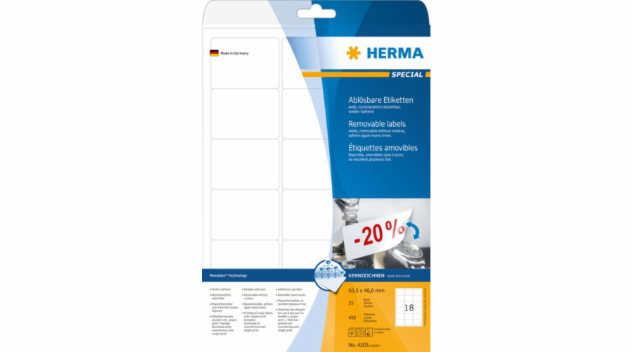 Štítky značky Herma 4203 Moviables, A4, 63,5 x 46,6 mm, bílý, matný papír, 450 ks, zaoblené rohy (4203)
