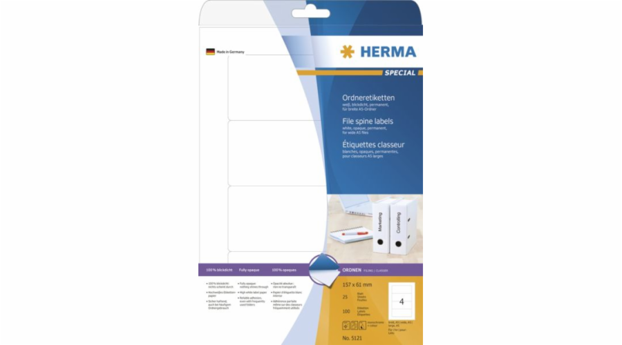 Herma Special 5121 štítky, pro pojiva, A4, bílá, 157 x 61 mm, matný papírový papír neprůhledný, 100 ks, zaoblené rohy. (5121)