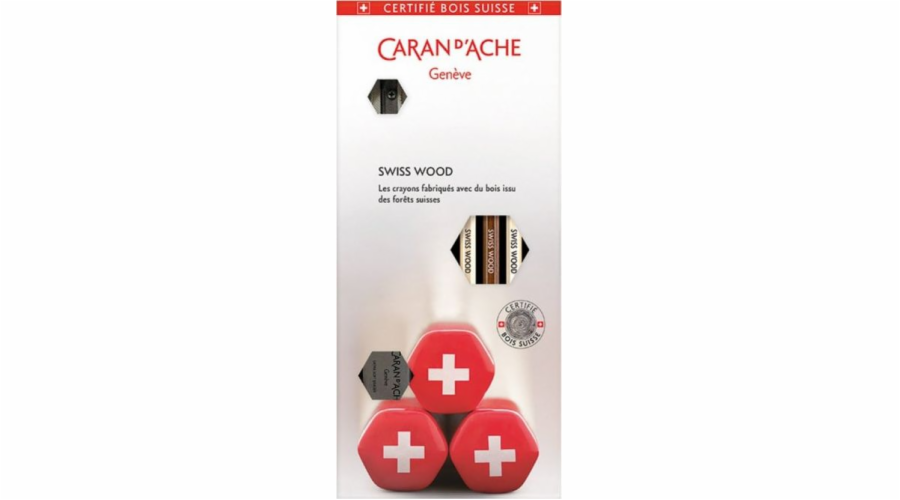 Caran d`arche tužka sada Caan d Ace Swiss Wood, HB, 3 ks + elastický a ořezávátko, mix barev