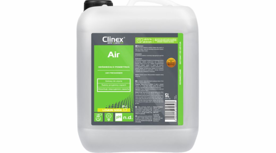 Efektivní osvěžovač vzduchu CLINEX SPARED na površích Clinex Air - Lemon Soda 5L Efektivní osvěžovač vzduchu nastříkán na povrchy vzduchu CLINEX - citronová soda 5L