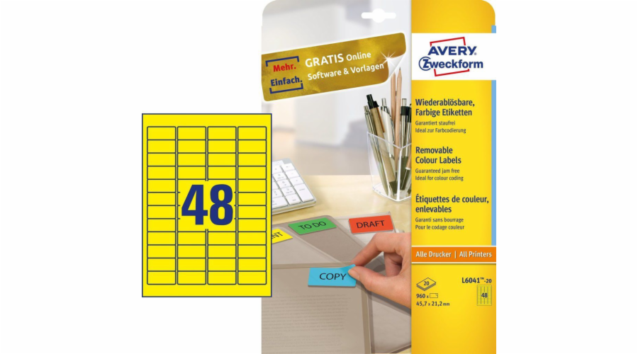Avery ZWeckform Odnímatelné barevné štítky 45,7 x 21,2 mm, žlutá (L6041-20)