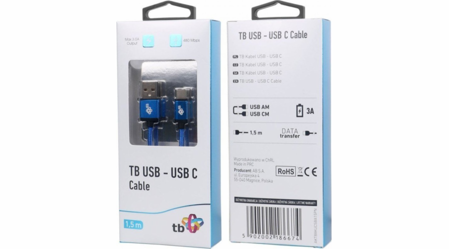 TB Touch USB - USB C kabel, 1,5m, modrý