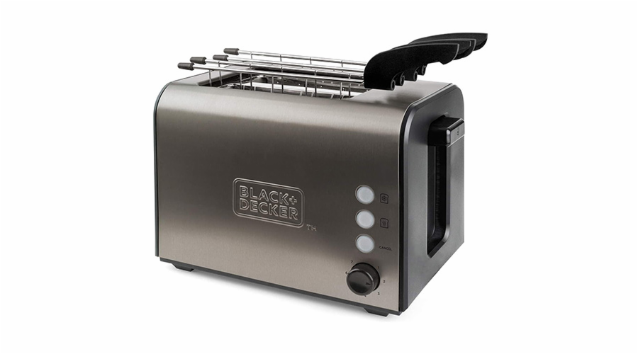 Topinkovač Black+Decker, BXTOA900E, kleště pro přípravu sendvičů, 7 stupňů opékání, široký slot 4,3 x 14 cm, funkce stop, rozmrazování a ohřívání, 900 W