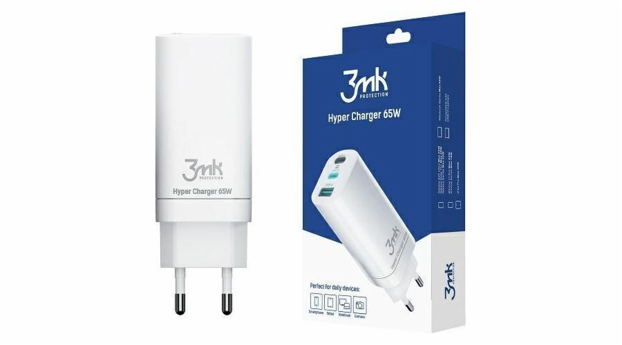 3mk nabíječka do sítě Hyper Charger 65W, GaN, 2x USB-C (PD) + 1x USB, bílá