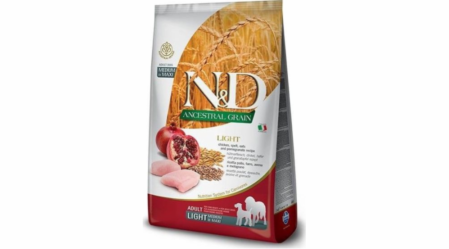 FARMINA N&D ANCESTRAL GRAIN DOG LIGHT - CHICKEN. SPELT.OATS AND POMEGRANATE ADULT MEDIUM & MAXI 12kg