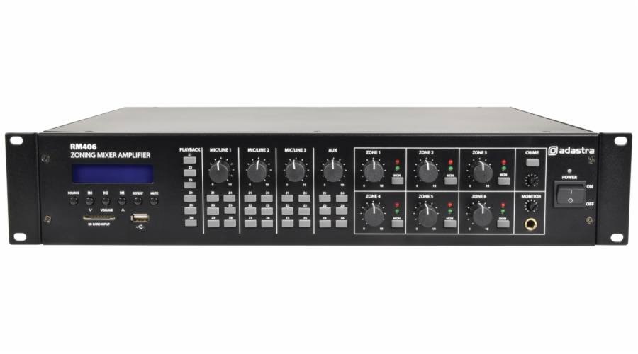 Adastra RM406, 100V 6-zónový mixážní zesilovač, 6x40W, BT/MP3/FM