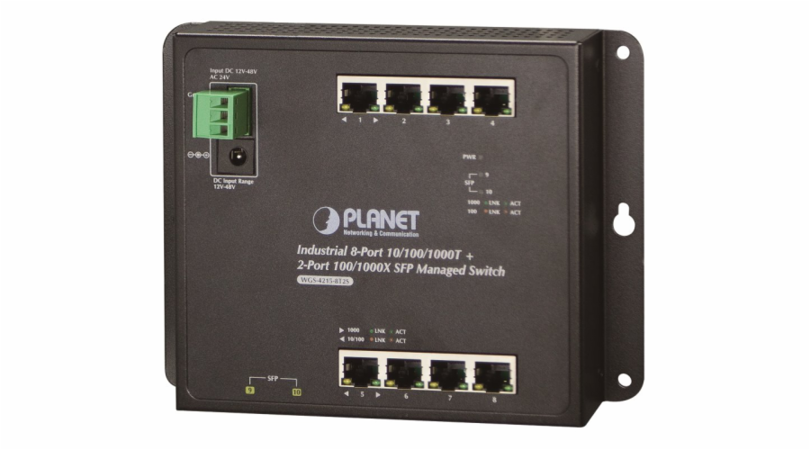 Planet WGS-4215-8T2S plochý L4 switch, 8x1Gb, 2x1Gb SFP, 12-48VDC/24VAC, -40~75°C, IP30, fanless