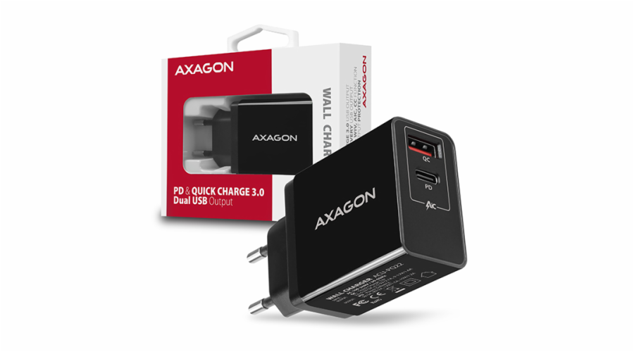 AXAGON ACU-PQ22, PD & QC nabíječka do sítě 22W, 2x port (USB-A + USB-C), PD3.0/QC3.0/AFC/FCP/Apple, černá