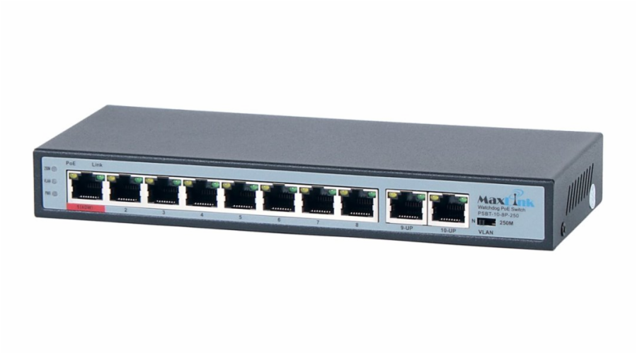 MaxLink PoE switch PSBT-10-8P-250 (náhrada za PSAT-10-8P-250), 10x LAN/8x PoE 250m, 802.3af/at/bt
