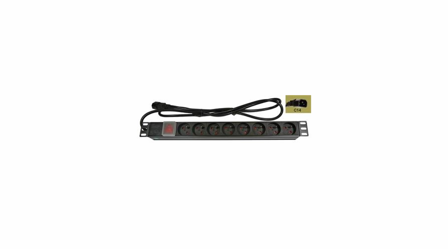 Rozvodný panel 8x230V-IEC320 C14, ČSN,vypínač s kontrolkou, rack 19 1U, kabel 1,8m