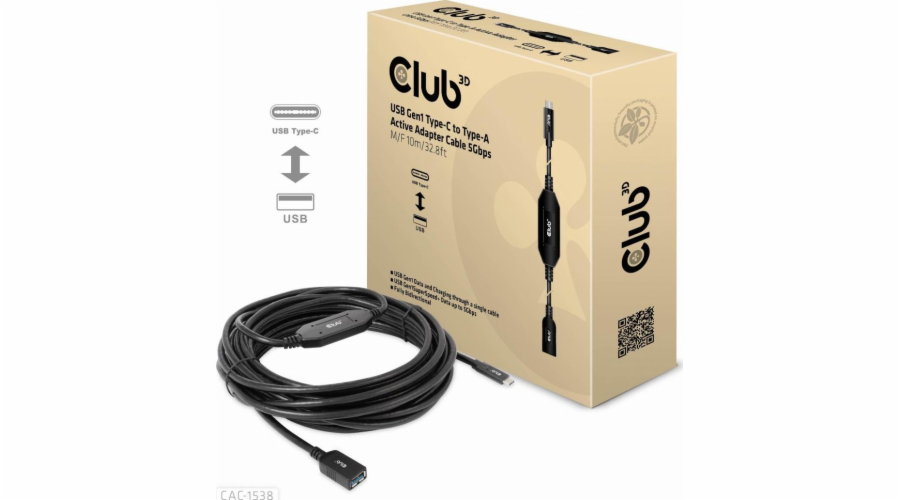 Club3D Kabel USB-C na USB-A, Aktivní adaptér/kabel, 5 Gbps (M/F), 10m