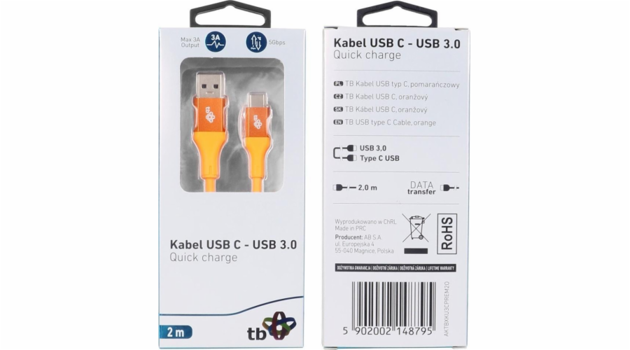 USB 3.0 - USB C kabel 2m PREMIUM 3A oranžový TPE