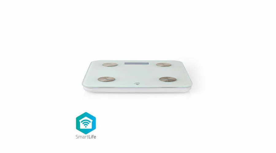 NEDIS Wi-Fi chytrá osobní váha/ BMI, tuk, voda, kosti, svaly, bílkoviny/ tvrzené sklo/ 8 uživatelů/ 3x AAA/R03/ bílá