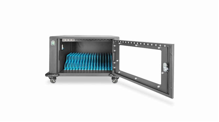 DIGITUS Nabíjecí vozík pro notebooky a tablety 16 nabíjecích základen pro až 14" zařízení, el. zámek, černý 384 x 550 x 375 mm, DN-45003