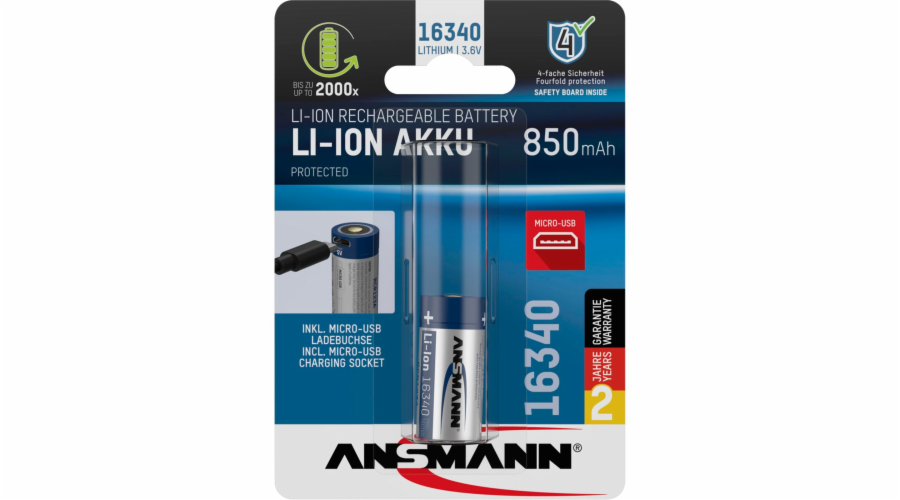 Ansmann 16340 Li-Ion aku 850mAh 3,6V micro USB vstup 1300-0015